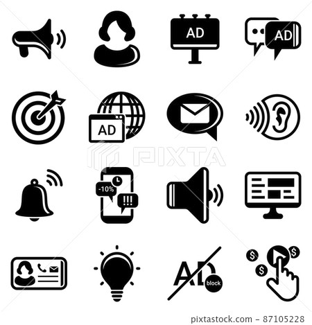 Set of simple icons on a theme Advertising, marketing, business, news, work, telemarketing, promotion, communication, internet , vector, set. Black icons isolated against white background 87105228