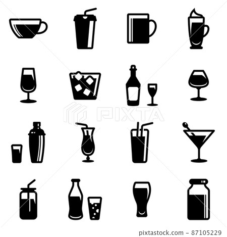 Set of simple icons on a theme Restaurant, alcohol, glass, dishes, drinks, bar, cold, hot, strong, vector, set. Black icons isolated against white background 87105229