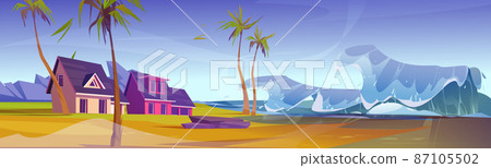 Tsunami wave at tropical beach with cottage, trees Tsunami wave at tropical beach with cottage, trees 87105502