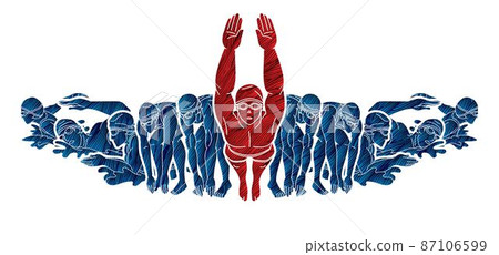 Group of People Swimming Together Swimmer Action Cartoon Sport Graphic Vector 87106599