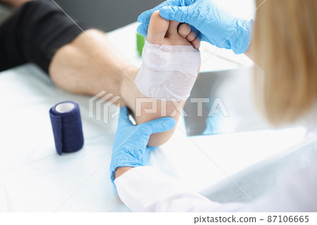 Doctor hand touches and examines wound on leg 87106665