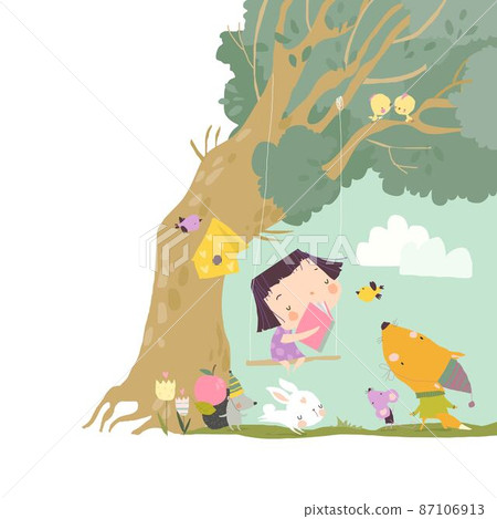 Little Girl reading Book with Cute Animals 87106913