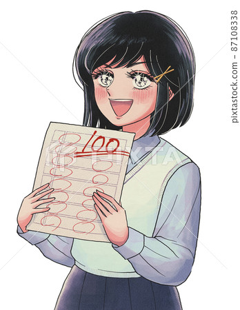 A retro cartoon-style girl student who is pleased with 100 answers 87108338