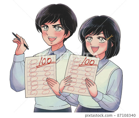 Retro cartoon-style students rejoicing with 100 answers 87108340