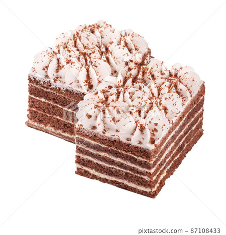 Chocolate sponge cake with mascarpone layers and whipped cream Chocolate sponge cake with mascarpone layers and whipped cream 87108433