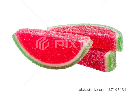Gummy candies shaped like watermelon slices isolated on white 87108484