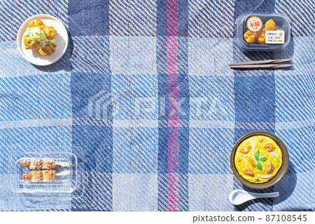 格子餐墊和迷你雞肉盤放在四個角落 87108545