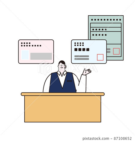 接待員、健康保險卡和身份證的矢量插圖。 接待員、健康保險卡和身份證的矢量插圖。 87108652