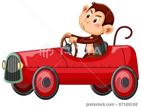 Little monkey driving red race car on white background 87109188