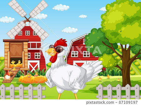 Farm scene with a chicken wearing sunglasses Farm scene with a chicken wearing sunglasses 87109197