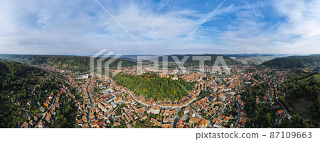 Aerial drone panoramic view of Sighisoara, Romania 87109663