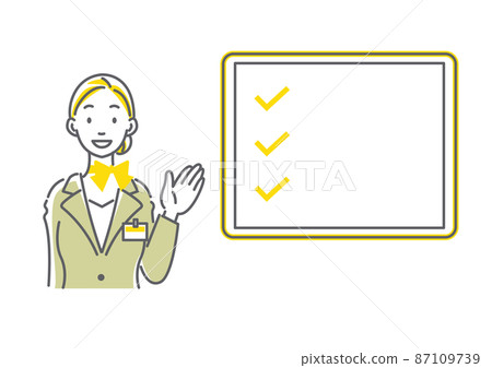 一位穿著西裝的女士展示清單 簡單而時尚的線條藝術插圖 一位穿著西裝的女士展示清單 簡單而時尚的線條藝術插圖 87109739