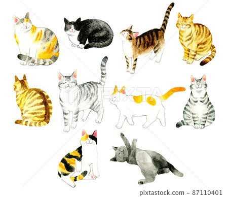 Cute hand-painted watercolor illustration set of cats Hand-painted illustration material collection of cats with various patterns and poses 87110401