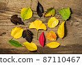Beautiful autumn background with colored maple leaves on old wooden board. Two maple leaf hanging from the top, flat lay 87110467