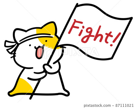 Handwritten style illustration of a cute cat waving a fight flag and cheering 87111021