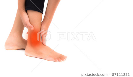 Pain in the foot of the elderly.Symptoms of peripheral neuropathy..Most symptoms are numbness in the fingertips and foot isolate on white background  with clipping path. 87111221