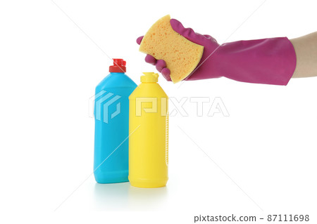 Concept of Dishwashing detergent accessories isolated on white background 87111698