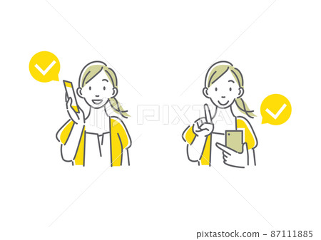 A simple and stylish line drawing illustration of a woman who uses a smartphone to complete procedures over the phone and the Internet. 87111885