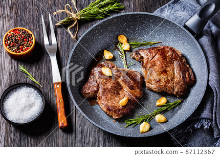 fried juicy chuck eye beef steaks, top view 87112367