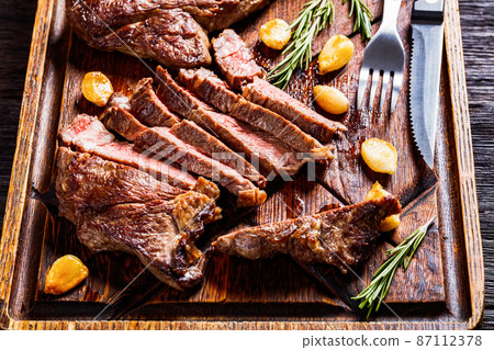 fried juicy chuck eye beef steaks, top view 87112378