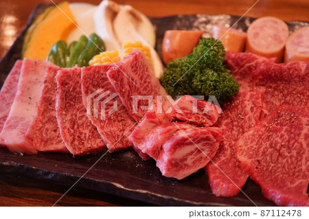Assorted sliced Japanese meat and vegetables for yakiniku Assorted sliced Japanese meat and vegetables for yakiniku 87112478