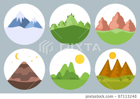 Mountains set desert, volcano, forest in circles Mountains set desert, volcano, forest in circles 87113248