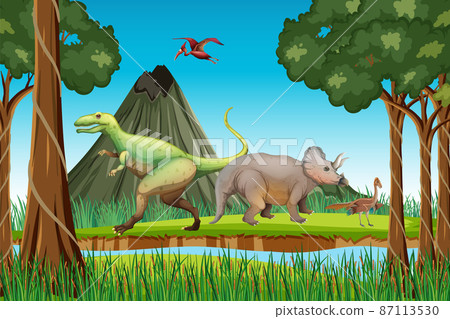 Dinosaur in prehistoric forest scene Dinosaur in prehistoric forest scene 87113530