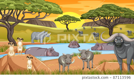 Savanna forest scene with wild animals 87113596