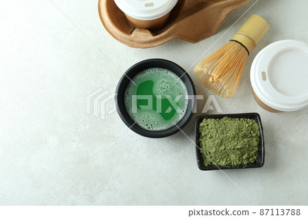 Concept of japanese tea with matcha on white textured table 87113788