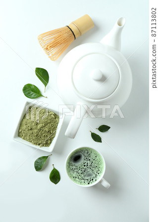 Concept of japanese tea with matcha on white background Concept of japanese tea with matcha on white background 87113802