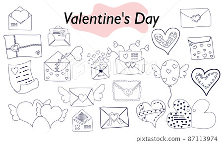 A set of items for Valentines Day. Envelopes, valentines, letters. In linear design. A symbol of love and a Valentines Day holiday. Vector illustration. 87113974