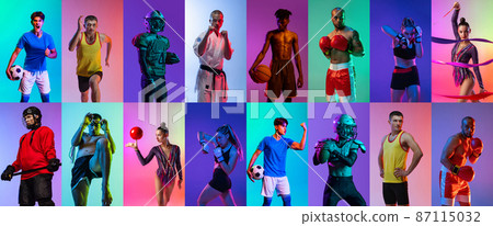 Collage. Portraits of professional sportsmen training, posing isolated over multicolored background in neon 87115032