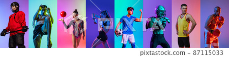 Collage. Portraits of professional sportsmen training, posing isolated over multicolored background in neon 87115033