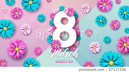 Happy Women's Day Floral Illustration. 8 March International Womens Day Vector Design with Colorful Spring Flower on Pastel Color Background. Woman or Mother Day Theme Template for Flyer, Greeting Happy Women's Day Floral Illustration. 8 March International Womens Day Vector Design with Colorful Spring Flower on Pastel Color Background. Woman or Mother Day Theme Template for Flyer, Greeting 87115198