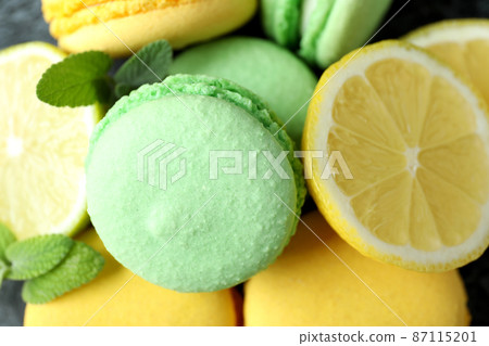 Concept of tasty dessert with macaroons, close up Concept of tasty dessert with macaroons, close up 87115201