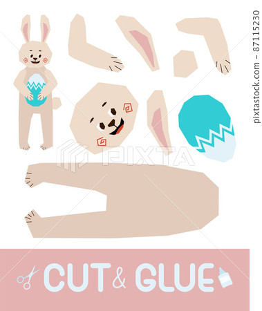 A cheerful cartoon rabbit with ears sticking up, he smiles and holds an Easter egg in his paws. Education paper game for children. Use scissors and glue to create the image. Vector illustration. A cheerful cartoon rabbit with ears sticking up, he smiles and holds an Easter egg in his paws. Education paper game for children. Use scissors and glue to create the image. Vector illustration. 87115230