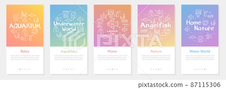 Set of colorful vertical banners for water life with white linear illustrations 87115306