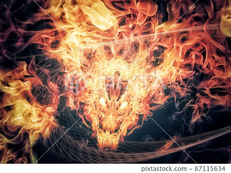 Illustration of a fire dragon swirling in the dark 87115634