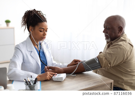 Doctor checking measuring pressure on patient's hand pulse Doctor checking measuring pressure on patient's hand pulse 87116036