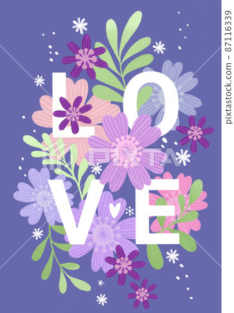 Poster A4 trendy floral design with the inscription LOVE in very peri lavender color. Perfect greeting card or invitation. Poster A4 trendy floral design with the inscription LOVE in very peri lavender color. Perfect greeting card or invitation. 87116339