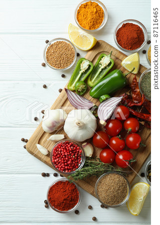Concept of aromatic spices on white wooden table Concept of aromatic spices on white wooden table 87116465