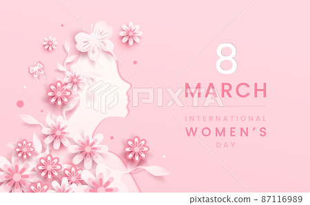 8 march background. International women's day floral decorations in paper art style with frame of flowers and leaves. Greeting card on pastel pink tone. Vector illustration 8 march background. International women's day floral decorations in paper art style with frame of flowers and leaves. Greeting card on pastel pink tone. Vector illustration 87116989