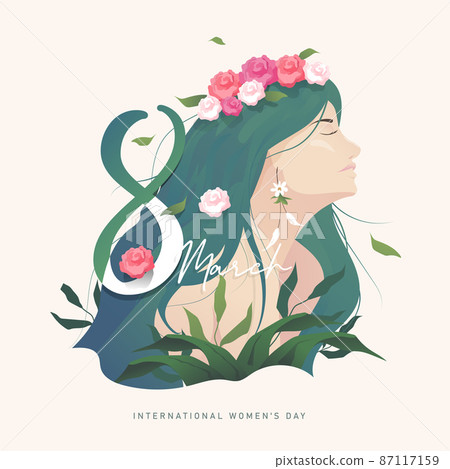 8 march background. International happy women's day. Portrait art of woman with rose flowers and leaves in nature. Vector illustration 8 march background. International happy women's day. Portrait art of woman with rose flowers and leaves in nature. Vector illustration 87117159