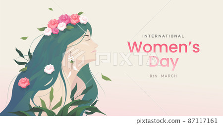 8 march background. International happy women's day. Portrait art of woman with rose flowers and leaves in nature. Vector illustration 8 march background. International happy women's day. Portrait art of woman with rose flowers and leaves in nature. Vector illustration 87117161