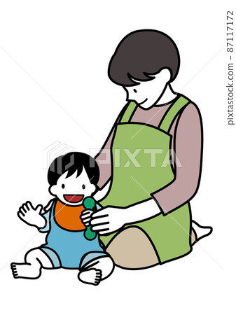 Illustration material: Aka-chan with a smile and a woman wearing an apron with a gentle face Illustration material: Aka-chan with a smile and a woman wearing an apron with a gentle face 87117172
