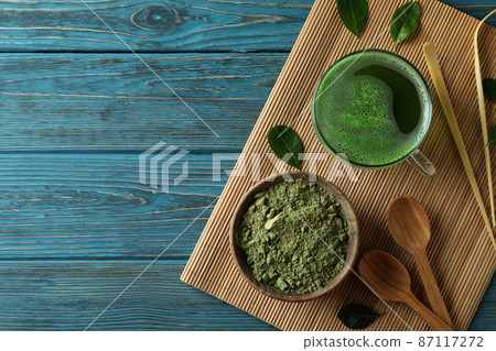 Concept of japanese tea with matcha on blue wooden table 87117272