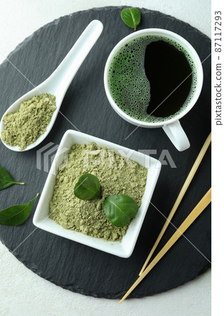 Concept of japanese tea with matcha on white textured table 87117293