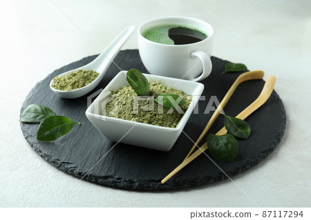 Concept of japanese tea with matcha on white textured table 87117294