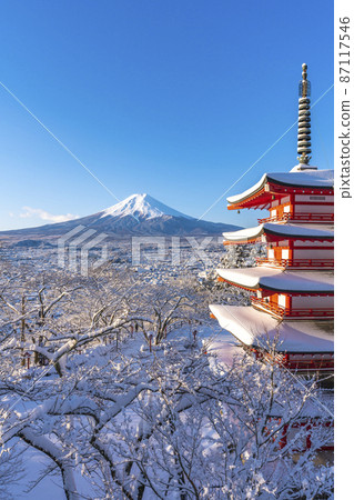 [山梨縣]積雪的荒山山仙根公園中瑞塔和富士山 87117546
