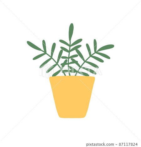 Houseplant in a pot. Cute houseplant in a yellow pot. Beautiful plant with green leaves. Vector illustration in hand drawn style. Houseplant in a pot. Cute houseplant in a yellow pot. Beautiful plant with green leaves. Vector illustration in hand drawn style. 87117824